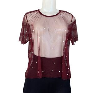 Wishful Burgundy Sheer Mesh Pearl Top Size L